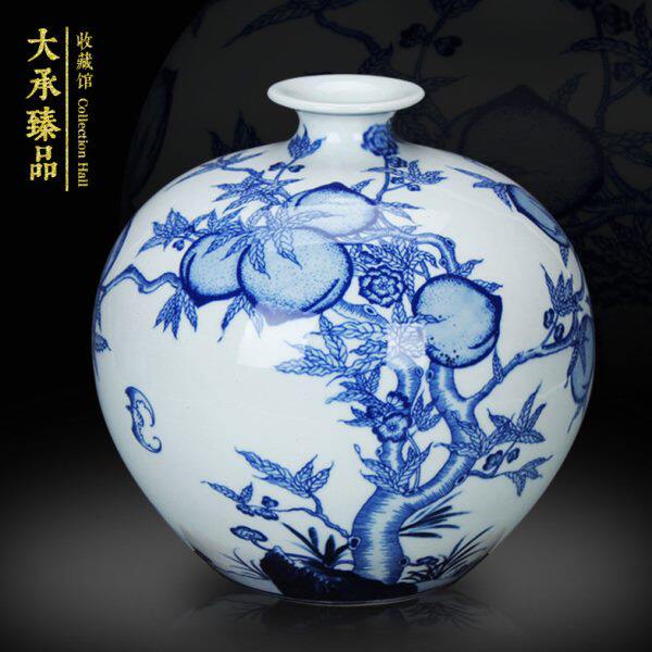 景德镇陶瓷器花瓶仿古手绘青花寿桃石榴瓶小号家居工艺品装饰摆件