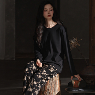 春秋冬季莱卡棉黑色简约睡衣女长袖纯棉中老年大码外穿家居服套装