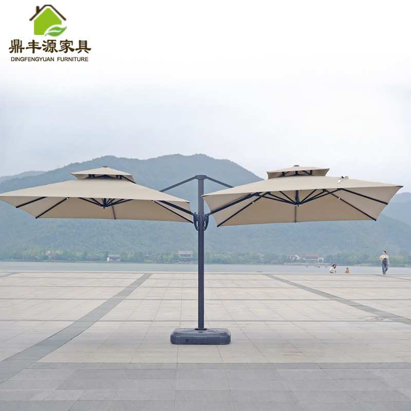 双子座双头太阳能罗马伞LED带灯遮雨伞庭院别墅花园室外遮阳伞