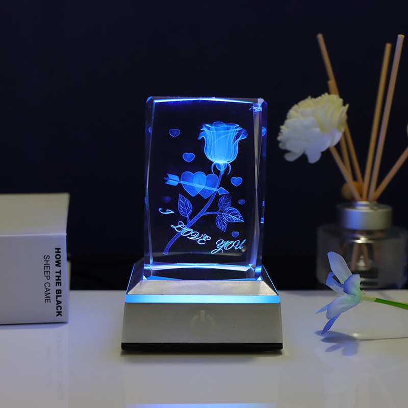 创意新品3D内雕玫瑰花水晶方体摆件生日七夕情人节礼物欧美工艺品