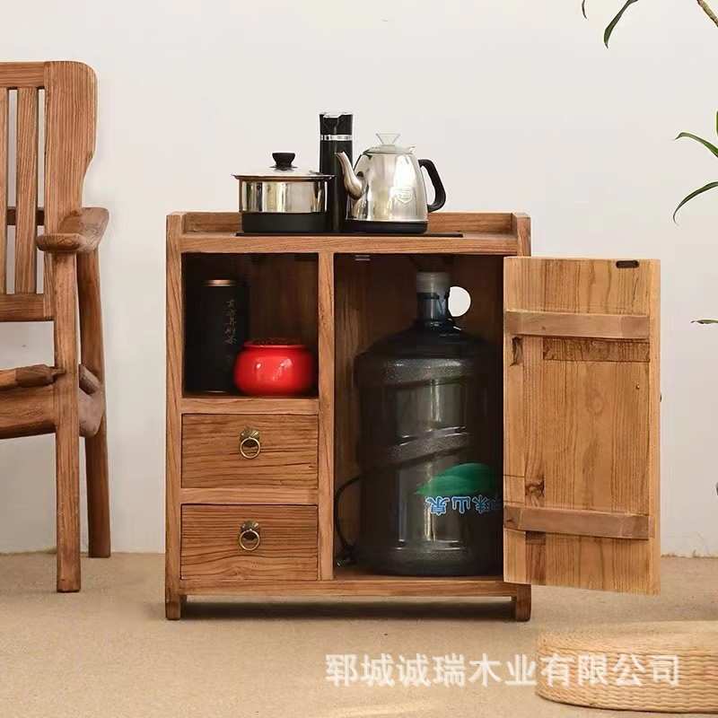 复古实木茶水柜简约现代原木小餐边置物台架新中式家具老榆木角柜