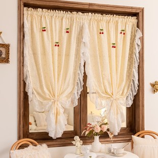 奶油风法式 蕾丝碎花荷叶边棉麻窗帘公主风卧室飘窗短帘门帘隔断帘