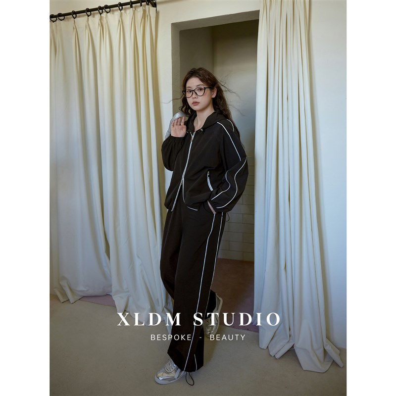 小俪自制大码女装撞色显瘦抽绳设计外套裤子懒人秋季运动休闲套装