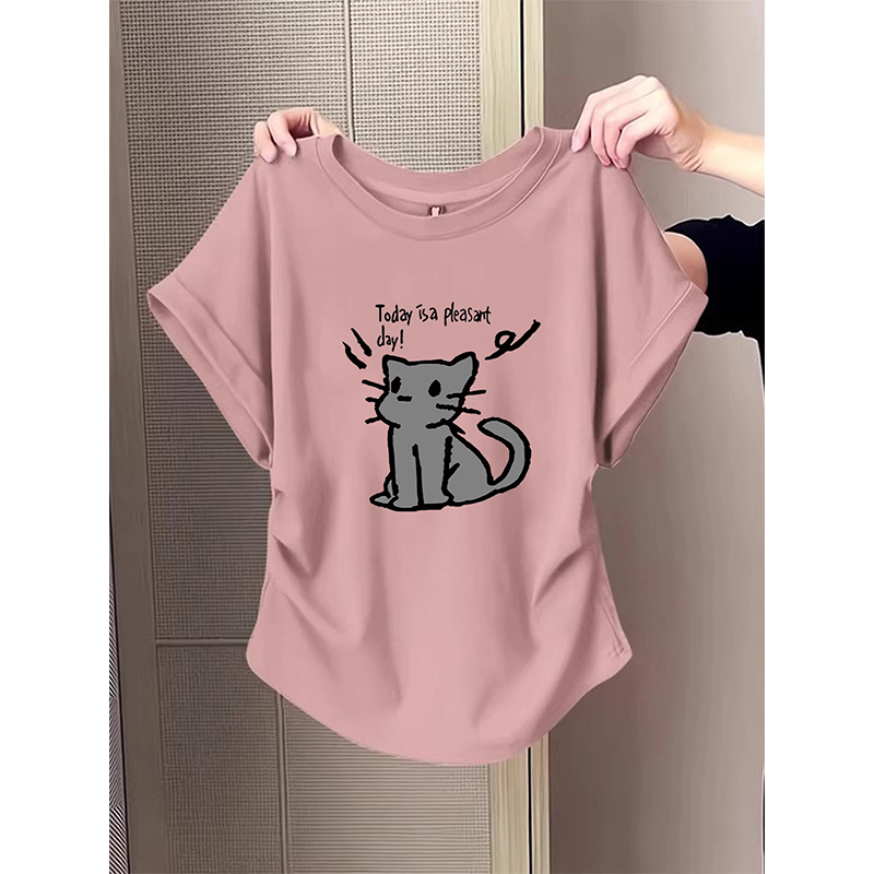 大码胖mm别致猫咪印花正肩短袖t恤女夏设计感抽褶收腰显瘦上衣潮