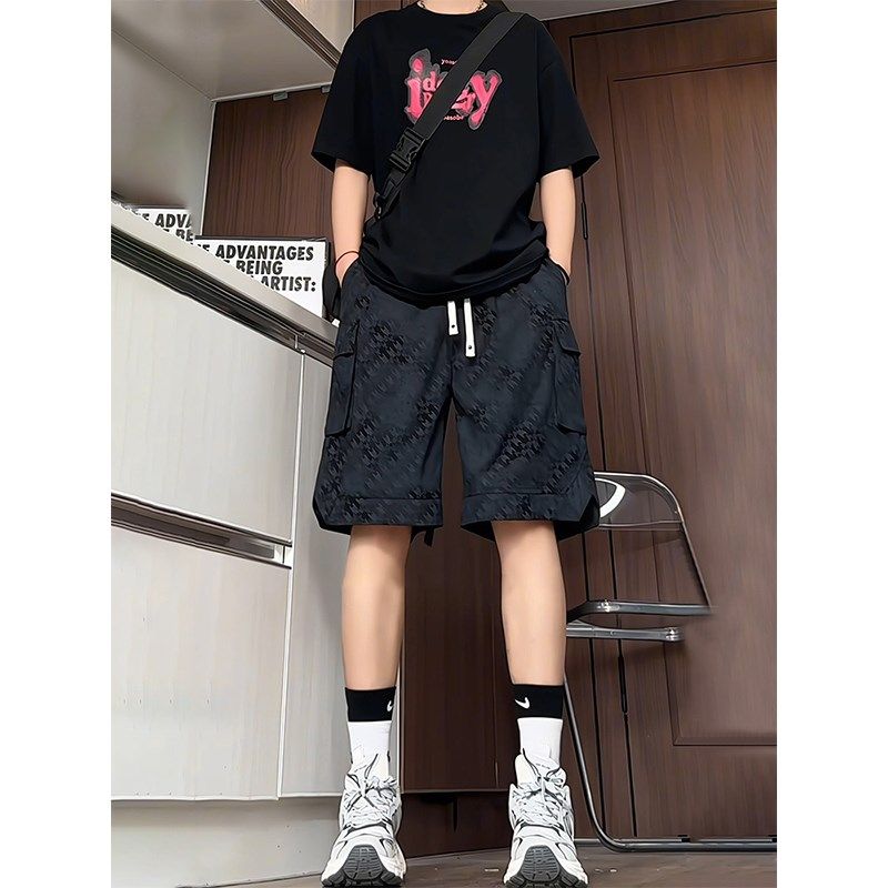 美式扎染黑色工装短裤男款夏季青少年酷帅裤子大口袋休闲五六分裤,男装,短裤,淘宝优惠券,粉丝福利购,淘宝优惠卷