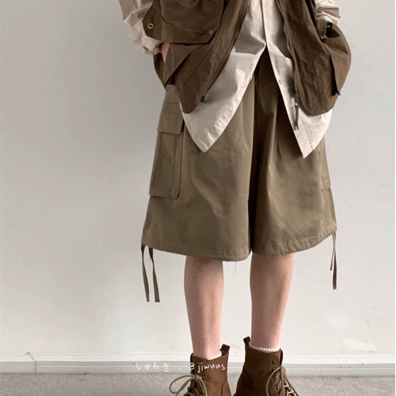 夏日系复古多口袋卡其色工装短裤男女基础款宽松休闲阔腿五分裤子