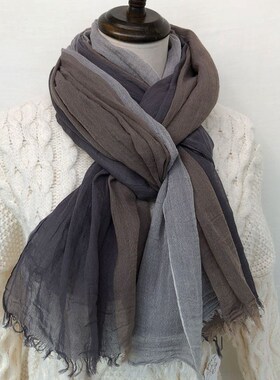 灰色纯棉围巾男女薄款春秋韩版百搭新款围脖冬季撞色披肩棉麻丝巾