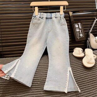 薄款 夏季 女童牛仔裤 子潮 女大童蕾丝开叉喇叭裤 儿童裤 2024新款 韩版