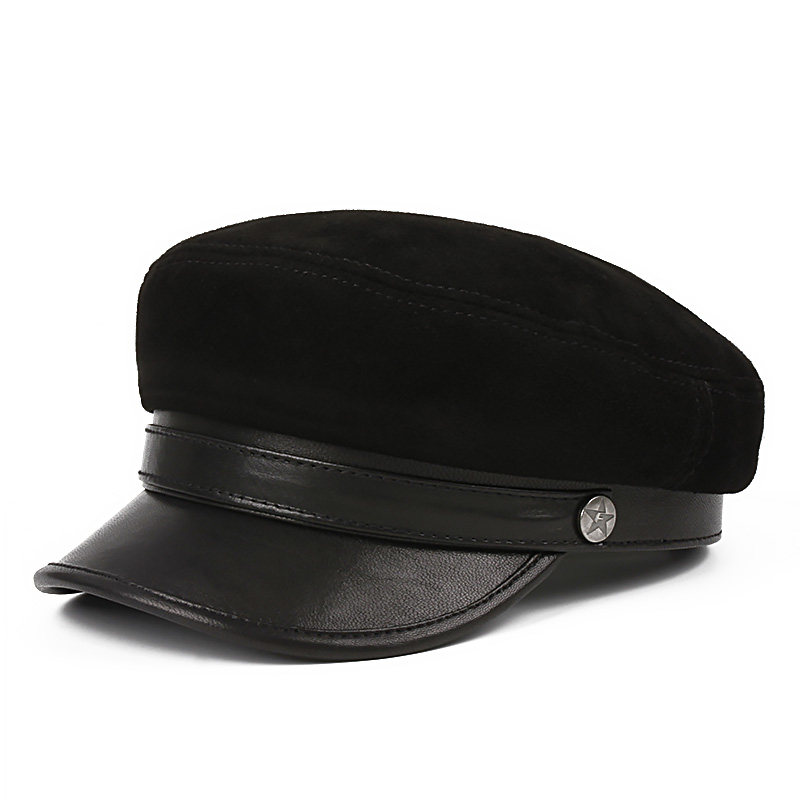 秋冬季韩版真皮帽子男士平顶帽反绒羊皮鸭舌帽中老年人英伦学生帽