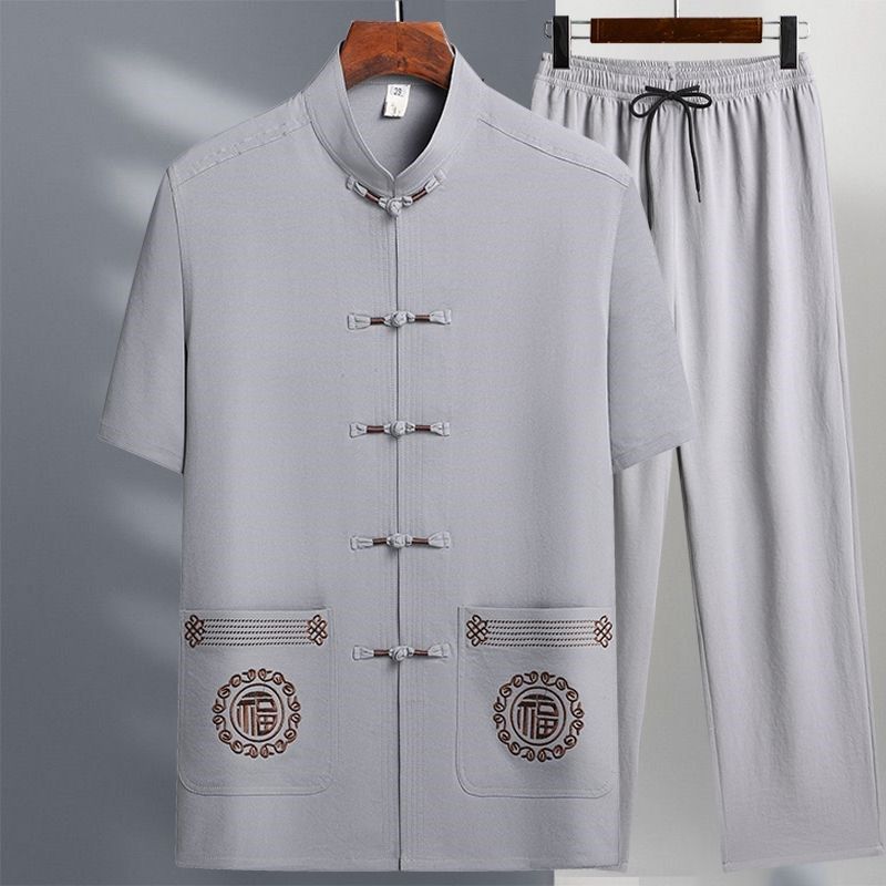 唐装男中老年爸爸装冰丝短袖套装中国风爷爷夏季两件套老年人衣服,男装,唐装,淘宝优惠券,粉丝福利购,淘宝优惠卷