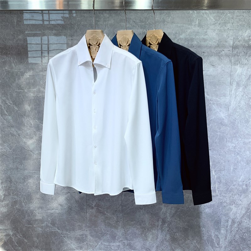 英伦高级感V领修身白色长袖衬衫男士潮流商务休闲衬衫免烫发型师