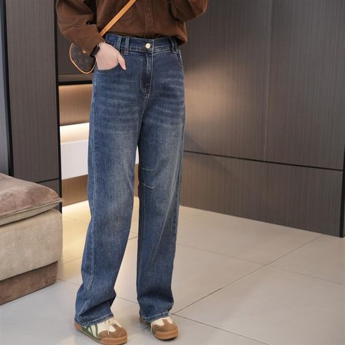 设计感叠加口袋大码阔腿牛仔裤 秋季200斤胖mm百搭显瘦直筒拖地裤