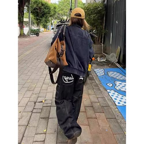 美式复古宽松印花弯刀牛仔裤女2025春季新款高腰显瘦直筒阔腿裤子