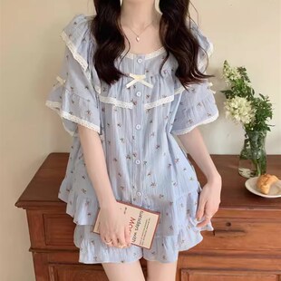 纯棉睡裙薄款 套装 家居服天 日系公主风碎花棉麻纱布短袖 睡衣女夏季