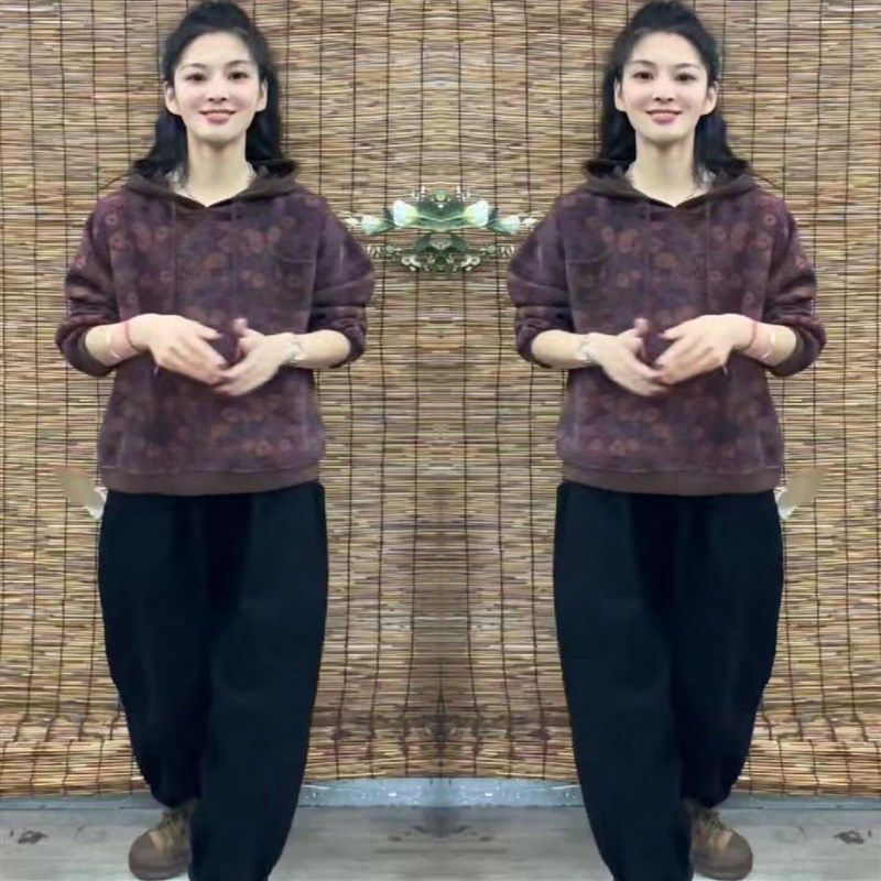 2025年春秋新款时尚套装女复古风洋气连帽印花长袖卫衣休闲哈伦裤,女装/女士精品,卫衣/绒衫,淘宝优惠券,粉丝福利购,淘宝优惠卷