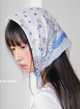 feytiy 蓝色小花花 浅春棉麻小方巾头巾两用 装饰薄款丝巾女百搭
