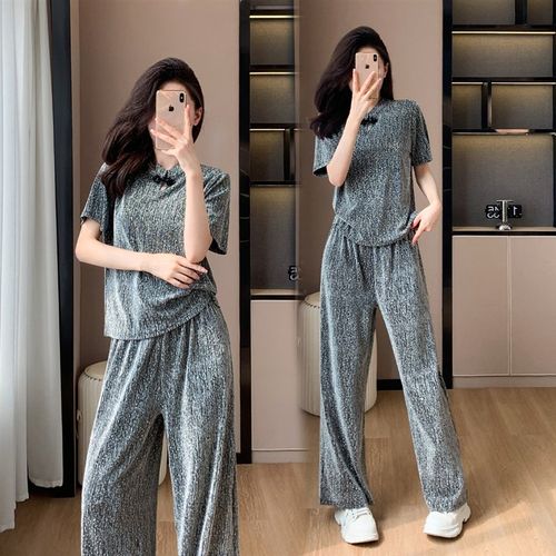 新中式国风短袖T恤+阔腿裤两件套女2025夏季新款胖mm休闲 时