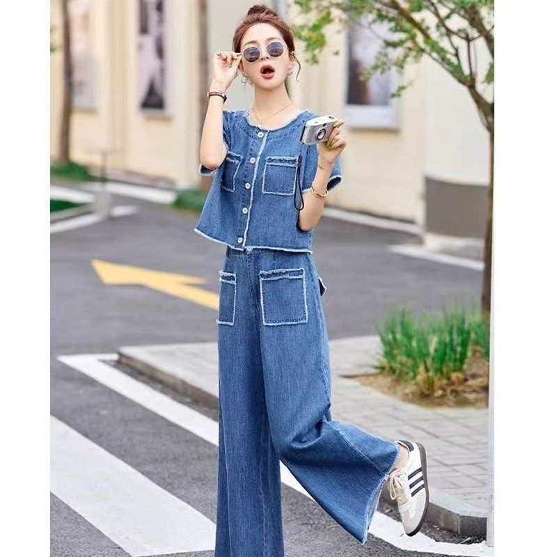 夏季新品一整套不掉色短袖牛仔阔腿裤小个子高端轻奢大码女装套装,女装/女士精品,大码套装,淘宝优惠券,粉丝福利购,淘宝优惠卷