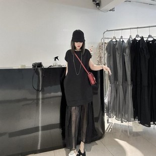 300斤特大码 夏季 T恤裙女胖mm2 设计感网纱拼接长款 宽松连衣裙 新款