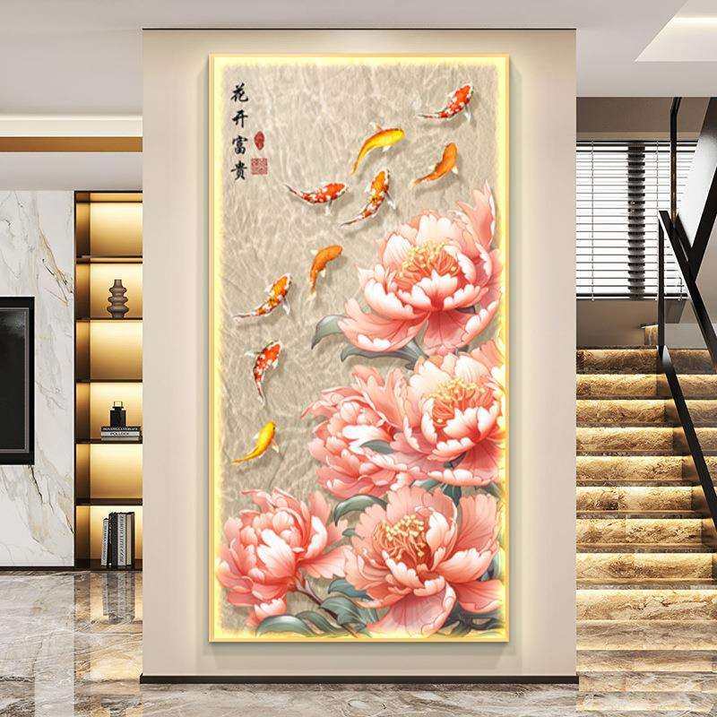 九鱼入户门玄关装饰画客厅茶室挂画灯画牡丹花走廊过道壁画国画,鲜花速递/花卉仿真/绿植园艺,割草机/草坪机,淘宝优惠券,粉丝福利购,淘宝优惠卷