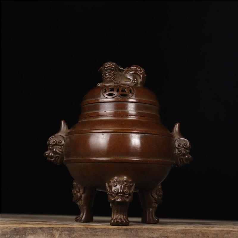 精品典藏苏工精炼铜兽耳狮钮熏炉铜器古玩家居书房客厅摆件