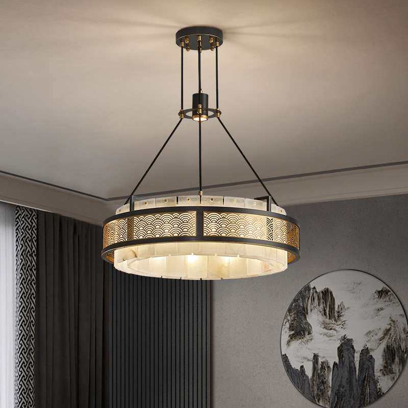 新中式全铜云石吊灯客厅灯别墅复式楼卧室餐厅灯复古大气高档灯具