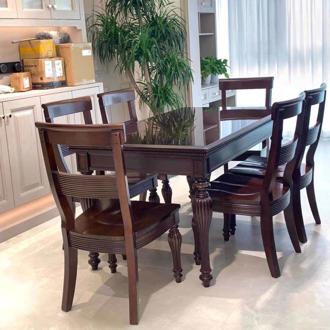 美式复古深色餐桌椅橡木实木罗马柱餐桌法式查尔斯顿餐桌餐椅组合