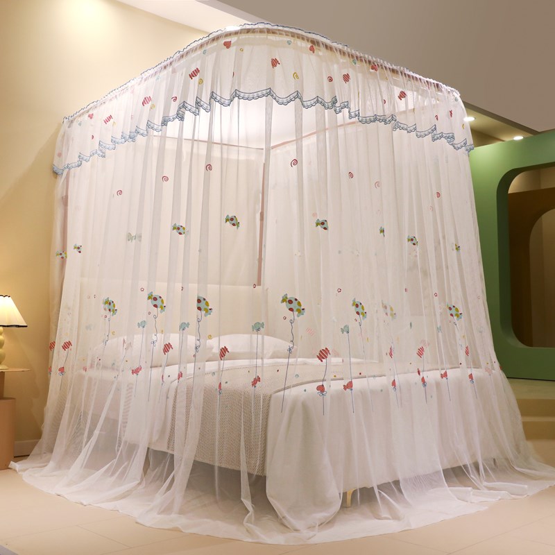 现货ALbE新款刺绣U型导轨蚊帐加密加厚轨道升降可伸缩落地三开门