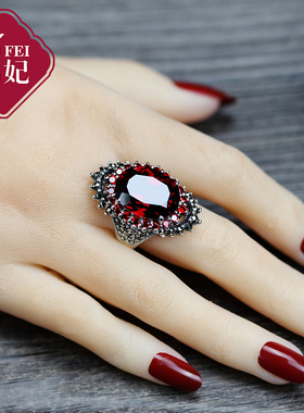 帛妃925银饰品复古泰银大宝石戒指指G环女红石榴首饰夸张食指泰版
