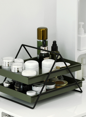 墨绿色双层文具架 桌面多功能架 抽屉H推拉收纳盒 铁艺提篮收纳架