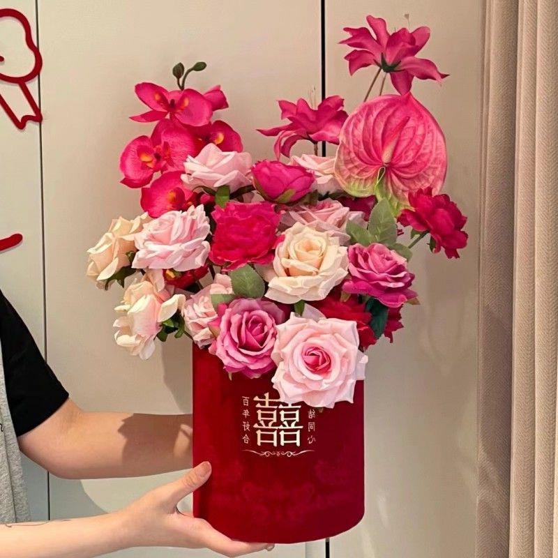 婚庆架子装饰花婚房摆件真花红色喜庆新房婚礼布置结婚插花抱抱桶