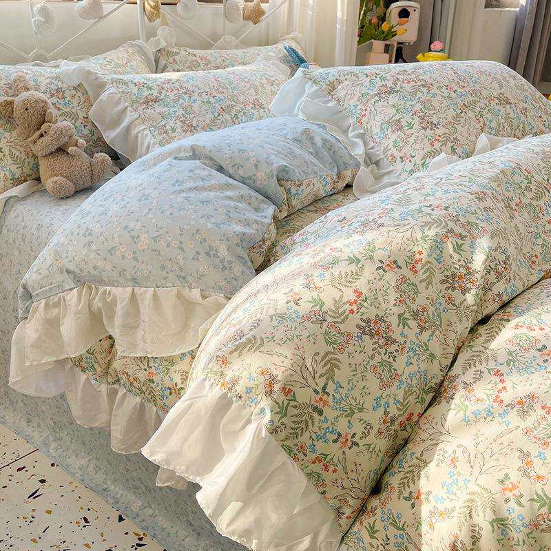 公主风花边纯棉被套单件150x200x230全棉碎花被罩被单床单三件套