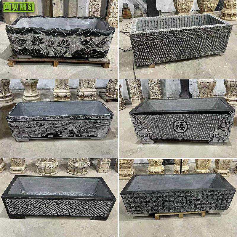 石槽鱼缸古法养鱼荷花盆仿古青石做旧工艺中式庭院造景长盆石槽