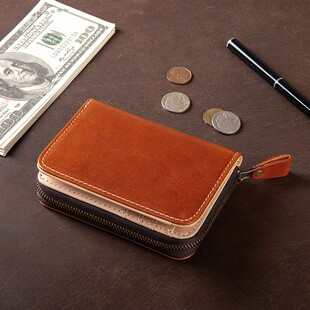 男士 钱夹真皮竖款 拉链零钱包青年皮夹卡包潮 短款 植鞣头层牛皮男式