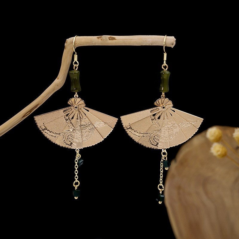 新中式扇形耳环 国潮折叠流苏扇面耳钉微雕竹节扇子汉服耳饰