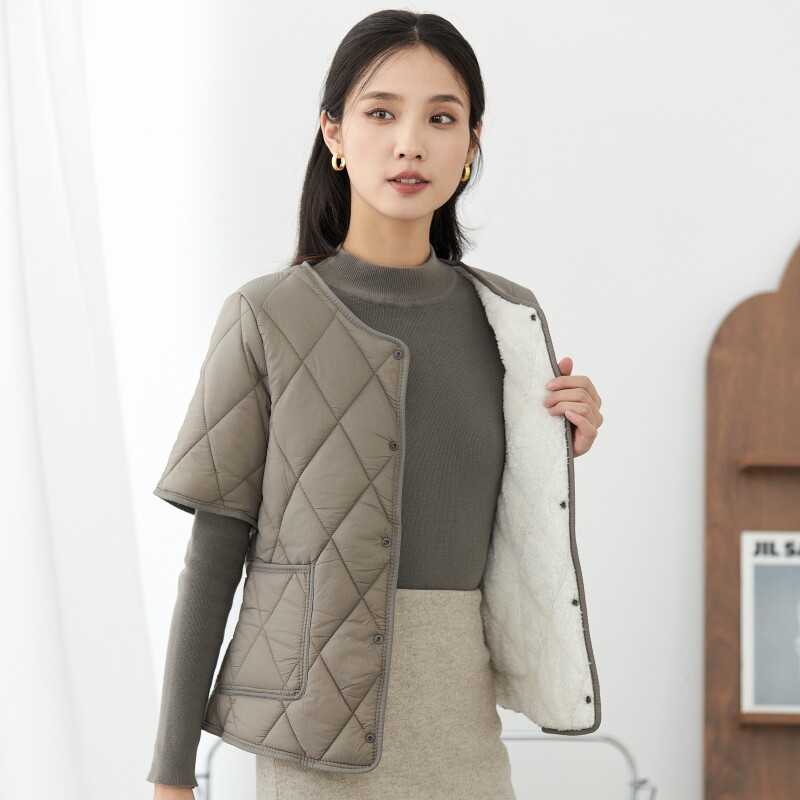 秋冬加绒短袖保暖棉衣女短款羽绒棉加厚外套妈妈半袖护肩内胆棉服