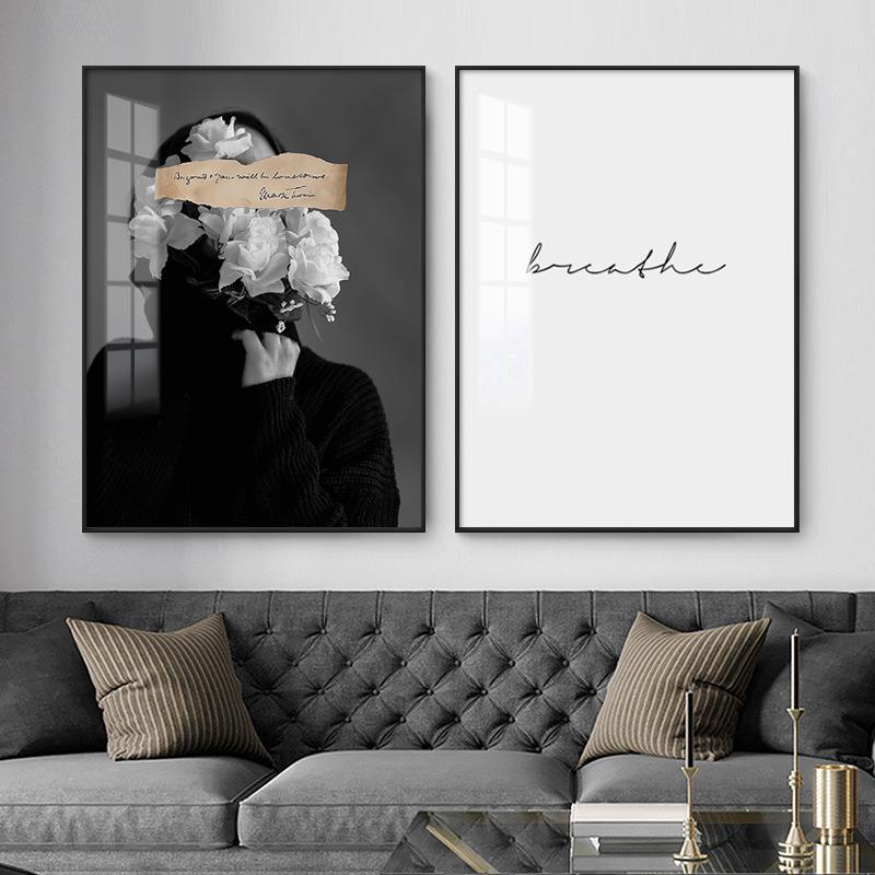 北欧风格抽象画创意个性人物装饰画客厅玄关卧室黑白艺术玫瑰女人