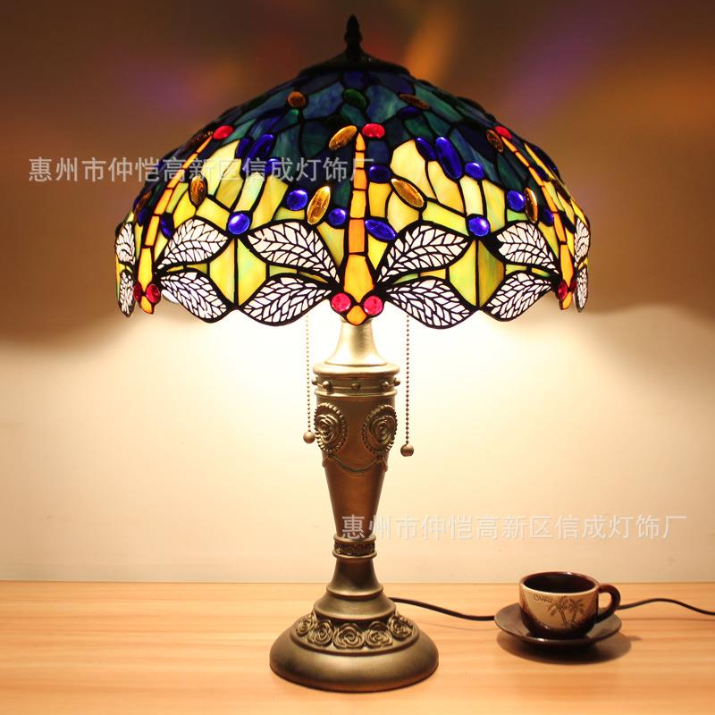 跨境16英寸蓝蜻蜓蒂凡尼欧式台灯婚礼卧室床头复古创意酒吧咖啡厅
