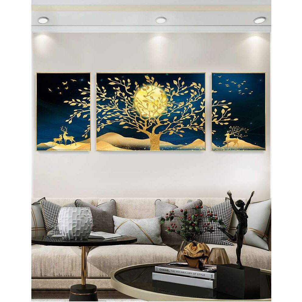 北欧客厅装饰画三拼大气组合鹿晶瓷挂画玄关墙画现代三联发财树