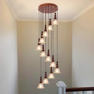 楼梯吊灯中古简约吊灯新款长线间吊灯挑空中式木艺复式楼楼梯风格