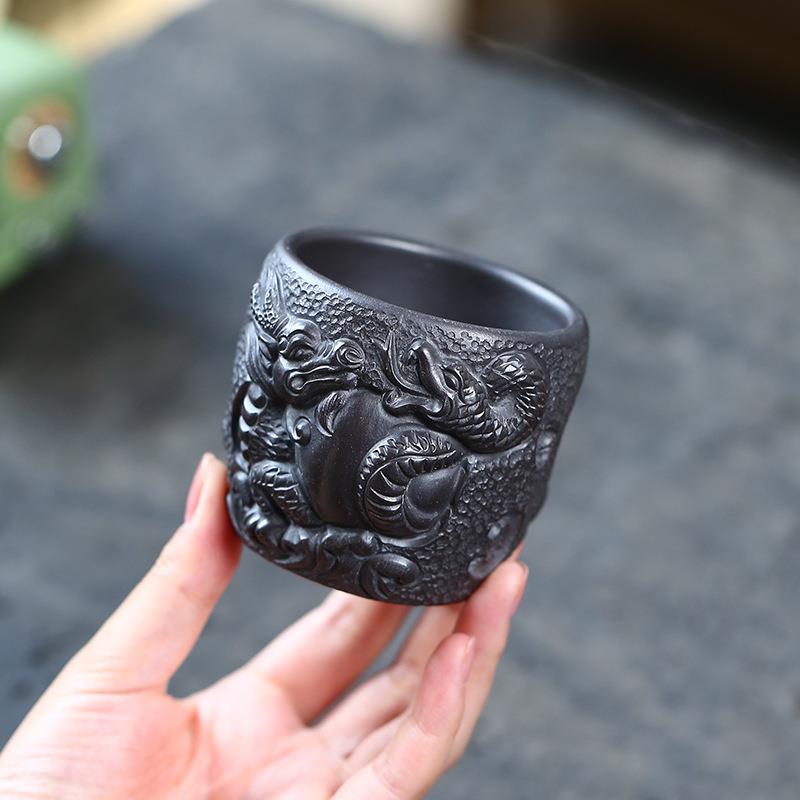 宜兴紫砂杯品茗杯玄武主人杯龙杯刻绘茶盏泡茶杯原矿石黄石红单杯