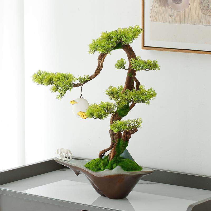 玄关仿真绿植摆件新中式轻奢客厅书房办公室桌面灯圈禅意装饰送礼