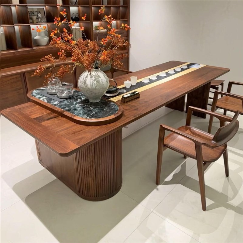 大户型家用实木茶桌客厅s简约现代大平层会所别墅豪宅黑胡桃木茶