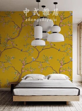 轻奢中式黄色花鸟j高级感壁纸客厅定制法式墙纸卧室电视背景墙墙