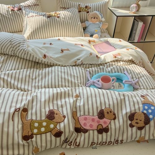 学生宿舍床上三件套卡通全棉40支毛巾绣床单床R笠款被套四件套单