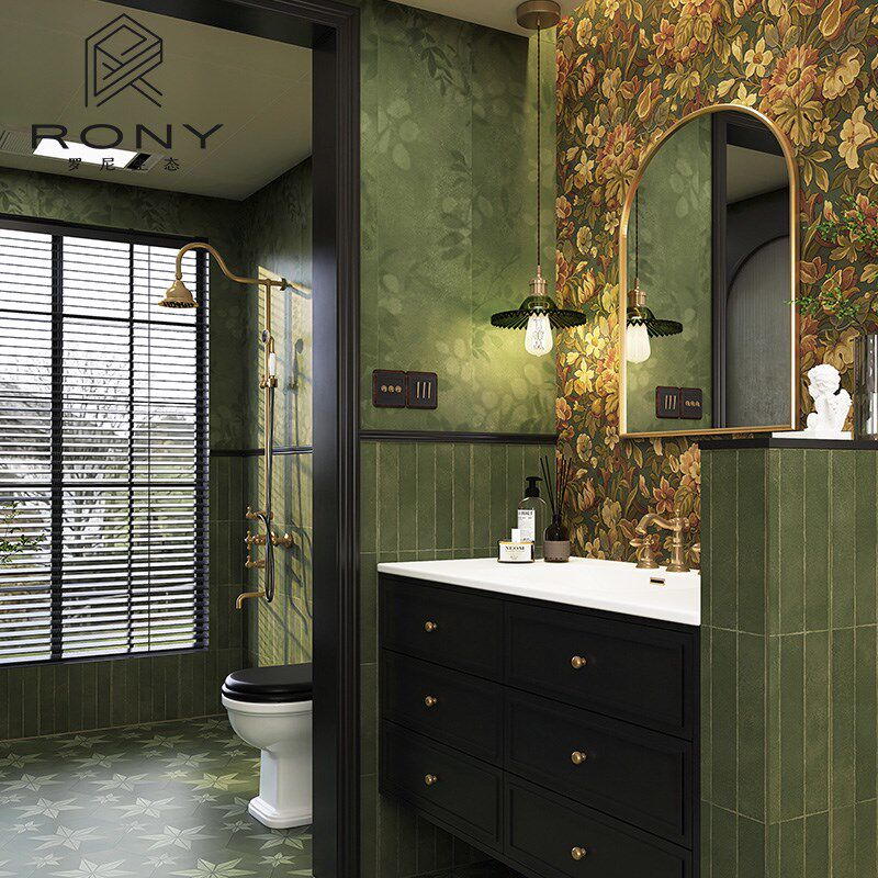 法式复古卫生间瓷砖绿色六角小花砖厨房浴室墙砖T民宿阳台防滑地