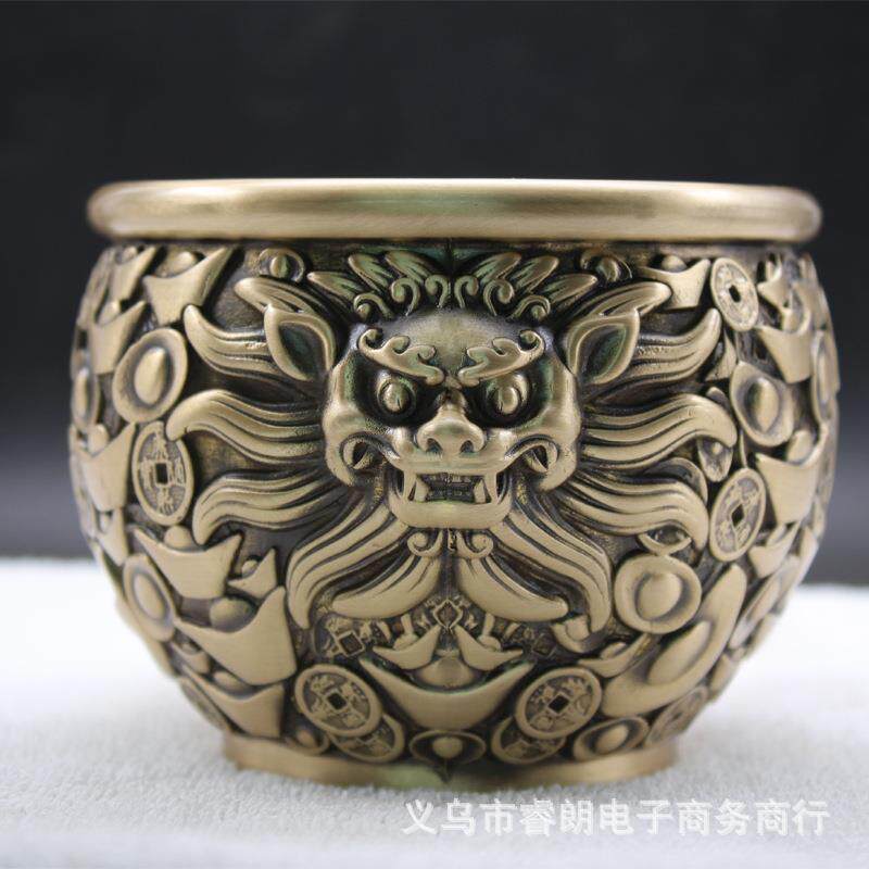 纯铜雕花龙头聚宝盆故宫缸家居客厅办公室吉祥铜摆饰装饰品大摆件
