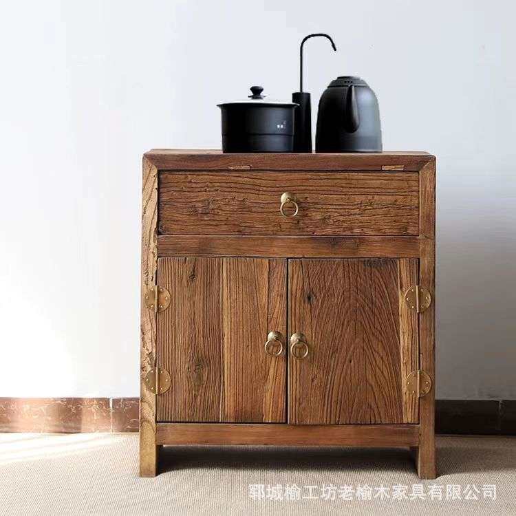 新中式老榆木茶桌客厅沙发边几储物柜小型矮柜民宿茶室茶水柜子