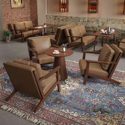 实木复古咖啡厅单人沙发奶茶店实木纳帕皮休闲区洽谈桌椅组合