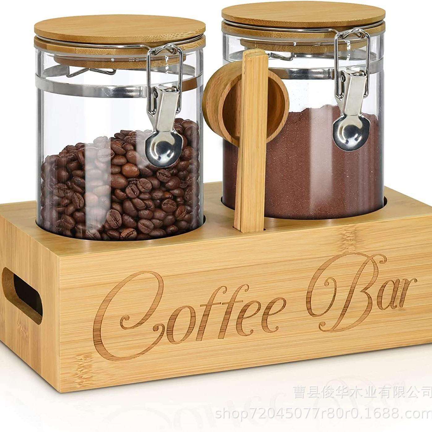 跨境木质带玻璃瓶咖啡容器置物架厨房调味品置物收纳架